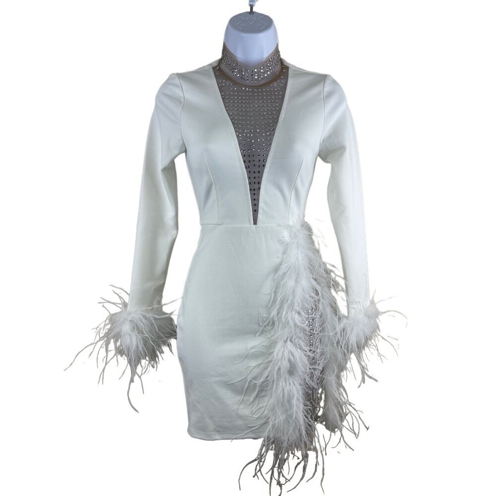 Fashion Nova Trust Fund Please Women's Dress V-Neck Rhinestones Feather Trim XS - Picture 2 of 11